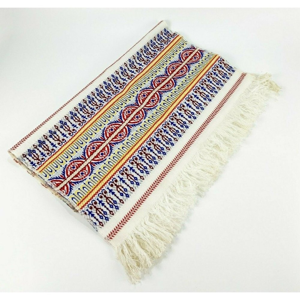 Vintage Thai Blue White Red Yellow Ethnic Folk Short Table Runner w Fringe